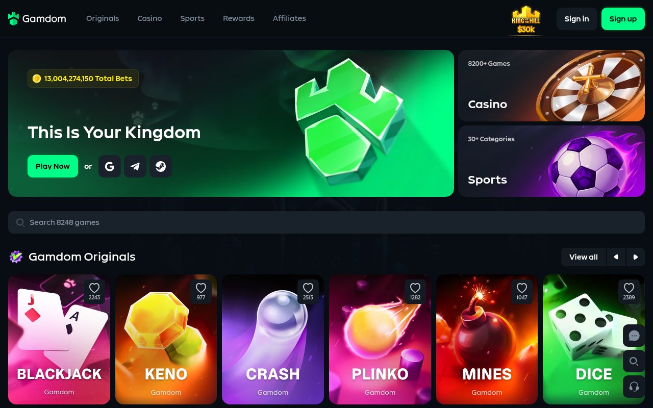 Gamdom lobby, first screen for a new visitor